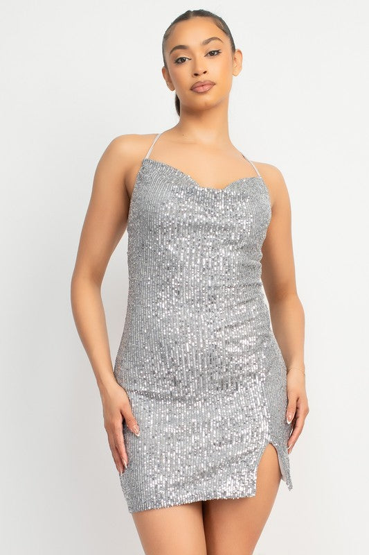 SEQUIN COWL NECK DRESS