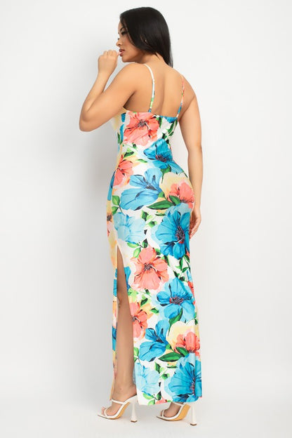 COWL NECK TROPICAL SLIT MAXI DRESS