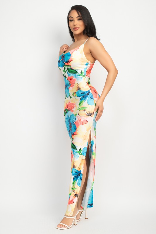 COWL NECK TROPICAL SLIT MAXI DRESS