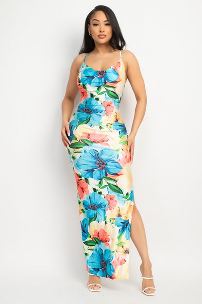 COWL NECK TROPICAL SLIT MAXI DRESS