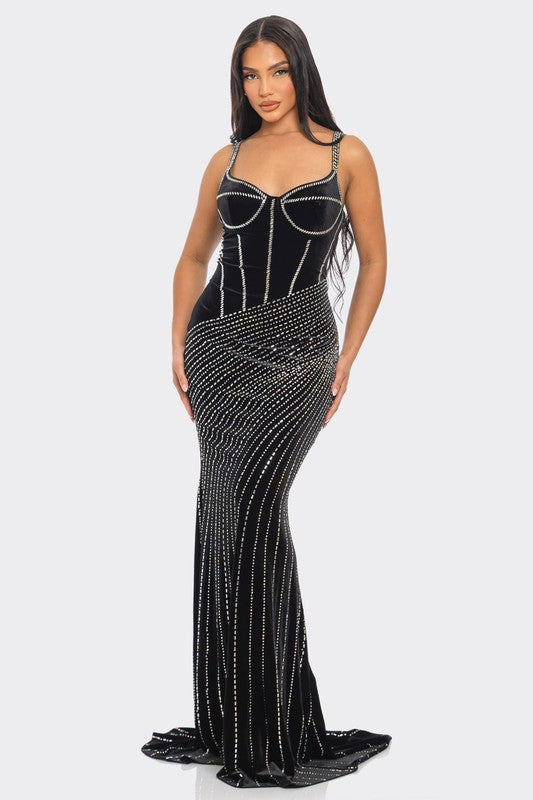 BUSTIER PRINTED RHINESTONE VELVET MAXI DRESS