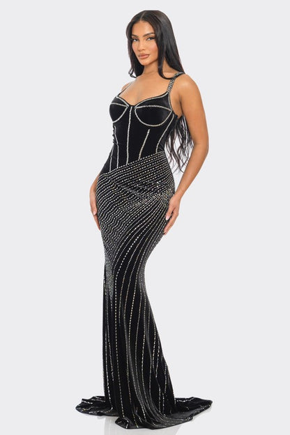 BUSTIER PRINTED RHINESTONE VELVET MAXI DRESS