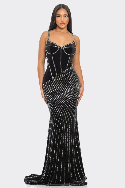 BUSTIER PRINTED RHINESTONE VELVET MAXI DRESS