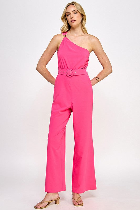 OFF SHOULDER TRIM DETAIL JUMPSUIT WITH BELT