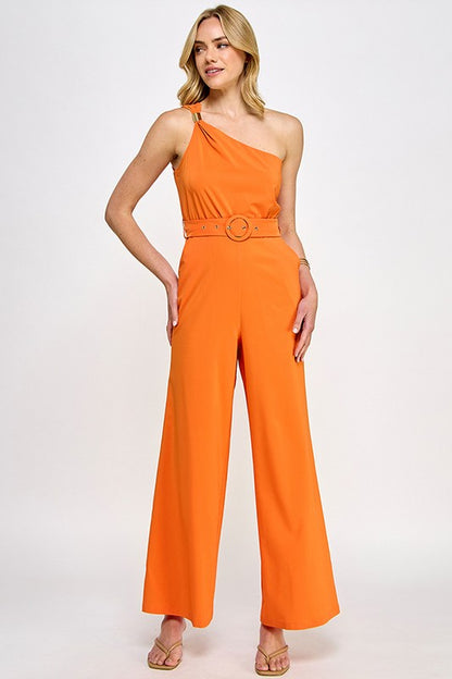 OFF SHOULDER TRIM DETAIL JUMPSUIT WITH BELT