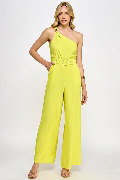 OFF SHOULDER TRIM DETAIL JUMPSUIT WITH BELT