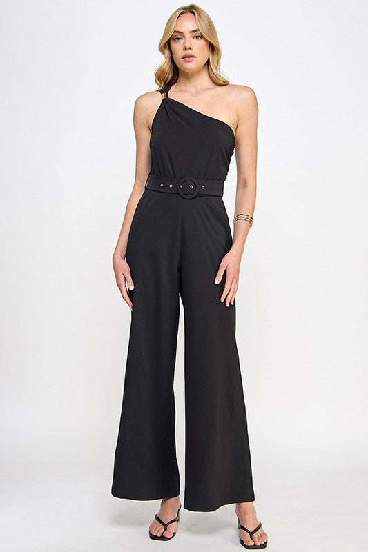 OFF SHOULDER TRIM DETAIL JUMPSUIT WITH BELT