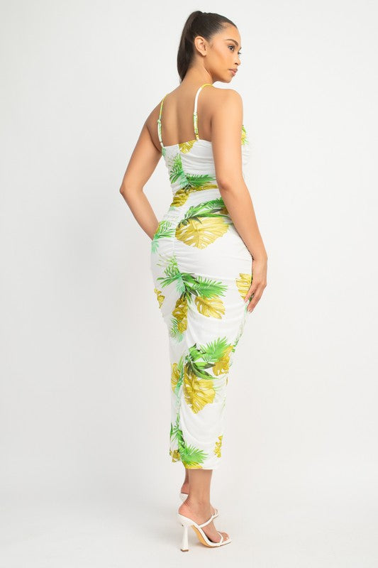 TROPICAL RUCHED SLIT MIDI DRESS