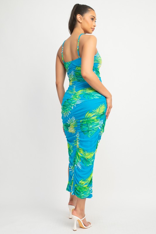 TROPICAL RUCHED SLIT MIDI DRESS