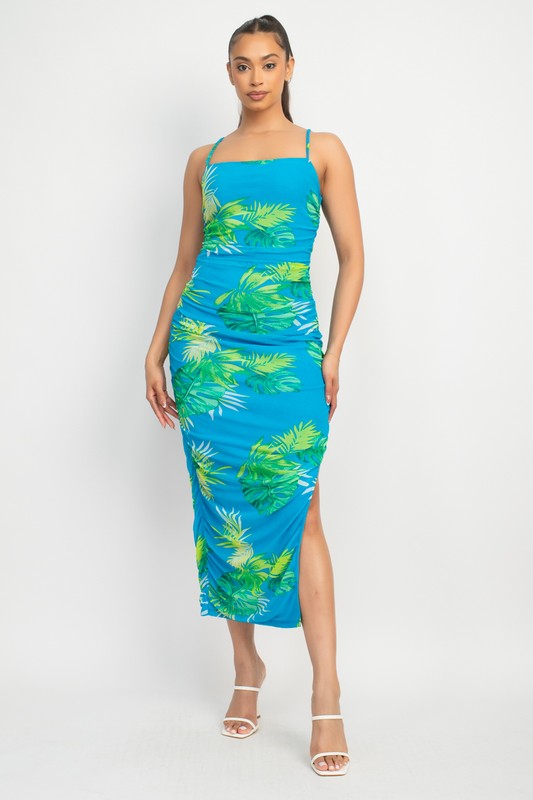 TROPICAL RUCHED SLIT MIDI DRESS