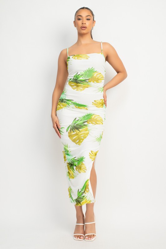 TROPICAL RUCHED SLIT MIDI DRESS