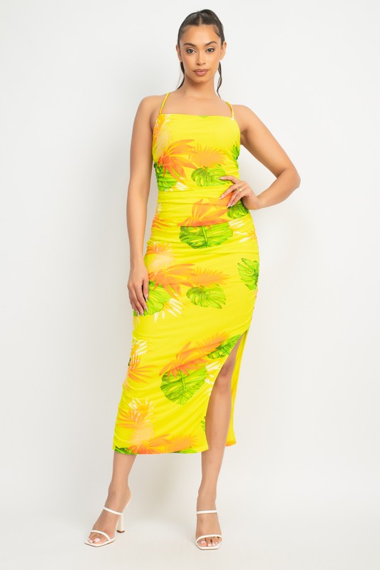 TROPICAL RUCHED SLIT MIDI DRESS