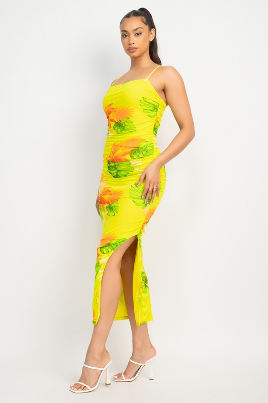 TROPICAL RUCHED SLIT MIDI DRESS