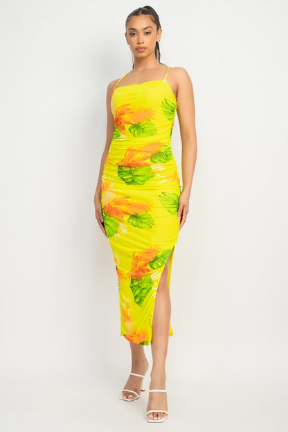 TROPICAL RUCHED SLIT MIDI DRESS