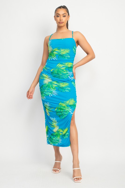 TROPICAL RUCHED SLIT MIDI DRESS