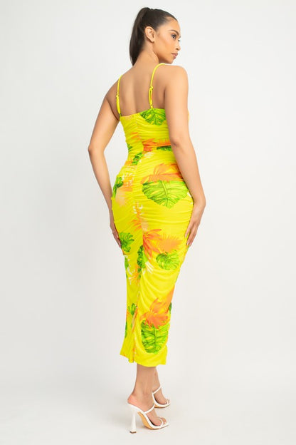 TROPICAL RUCHED SLIT MIDI DRESS