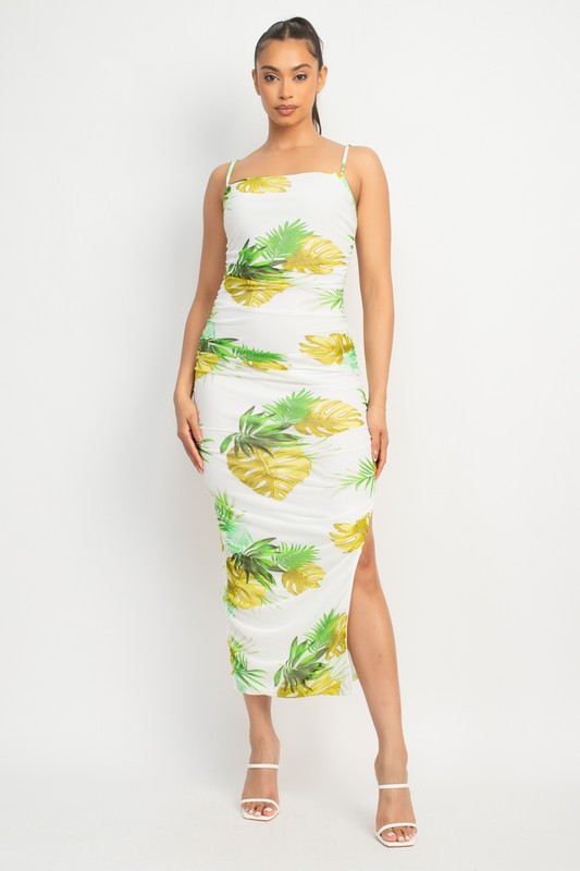 TROPICAL RUCHED SLIT MIDI DRESS