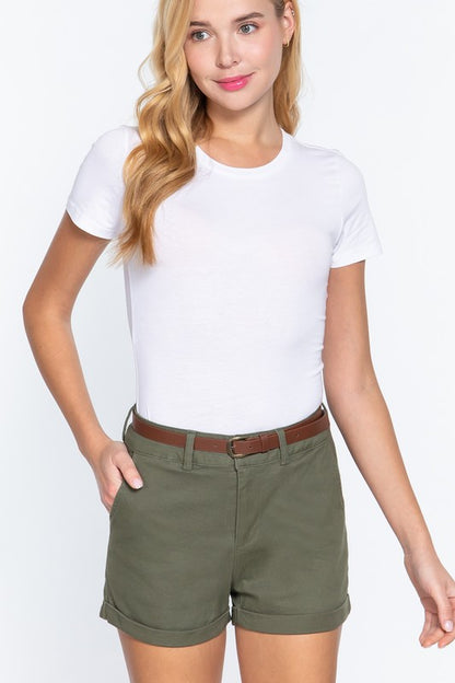 COTTON SPANDEX TWILL BELTED SHORT PANTS