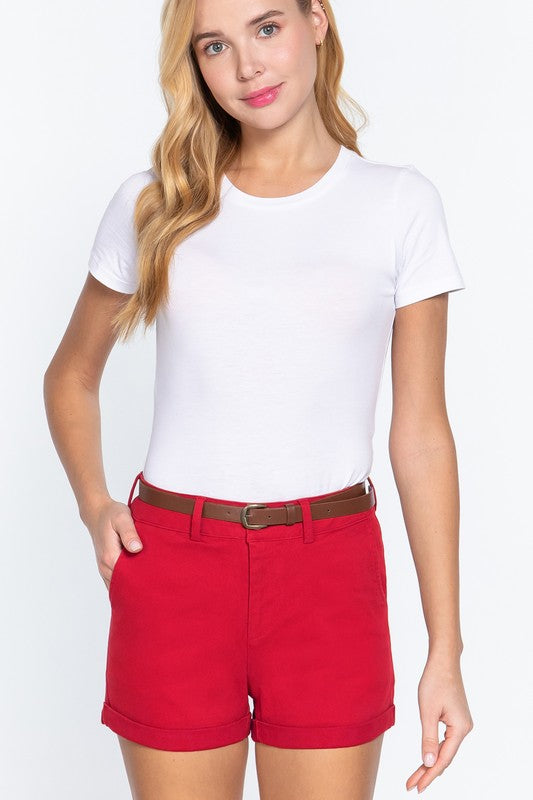 COTTON SPANDEX TWILL BELTED SHORT PANTS