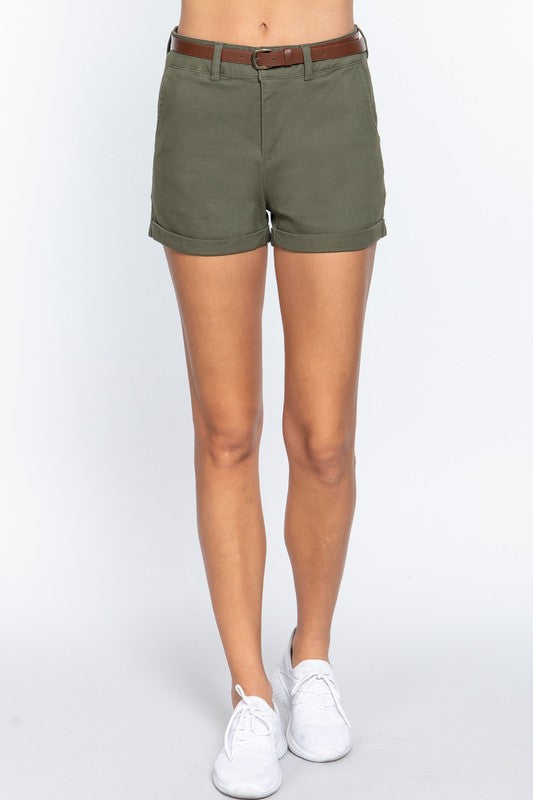 COTTON SPANDEX TWILL BELTED SHORT PANTS