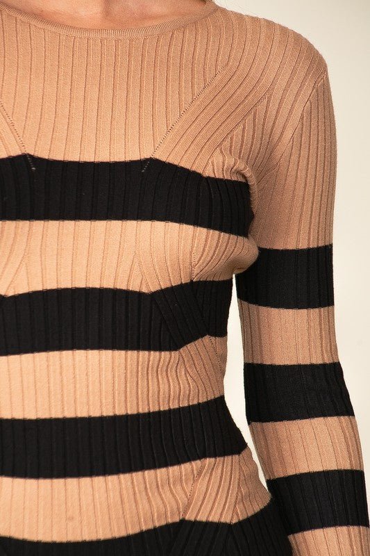 STRIPED BODYCON KNIT MINI SWEATER DRESS