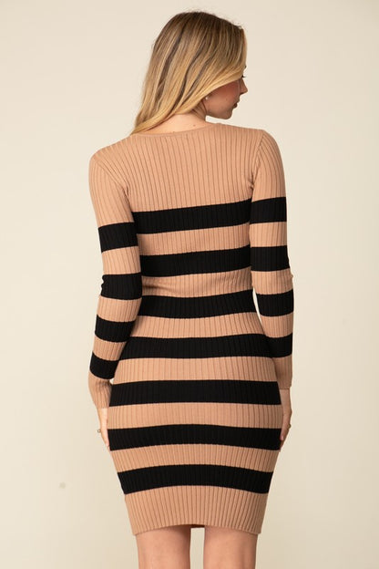 STRIPED BODYCON KNIT MINI SWEATER DRESS