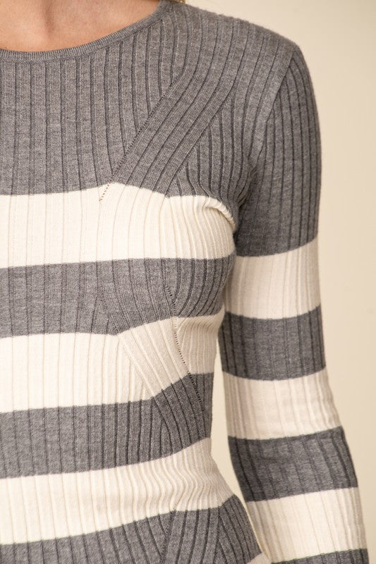 STRIPED BODYCON KNIT MINI SWEATER DRESS