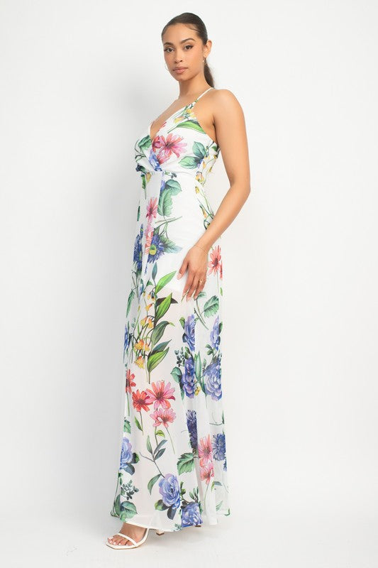 Surplice Floral Chiffon Maxi Dress