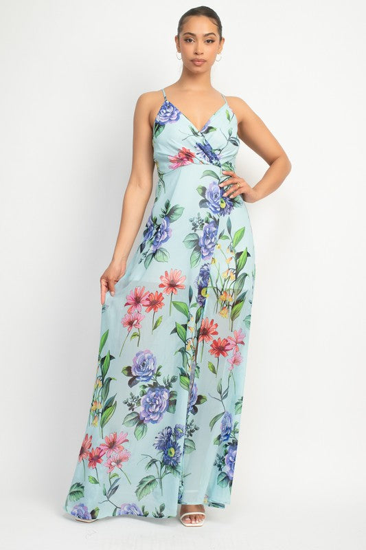 Surplice Floral Chiffon Maxi Dress