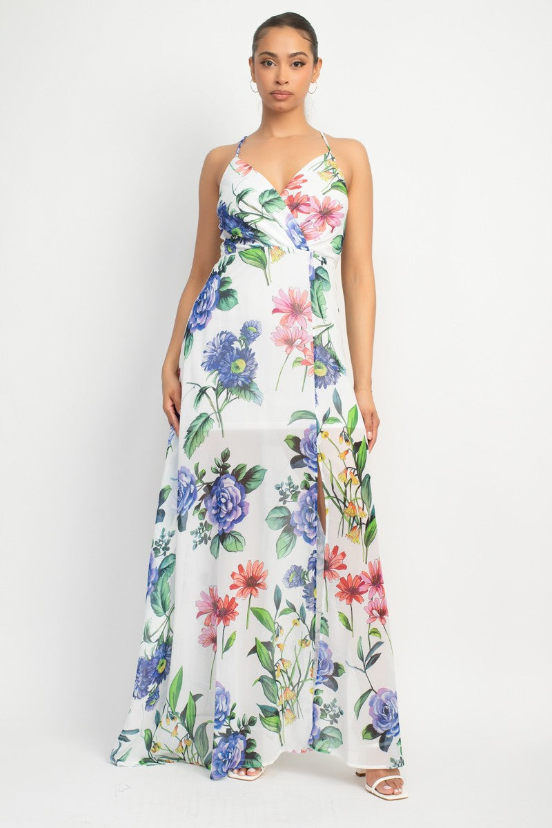 Surplice Floral Chiffon Maxi Dress