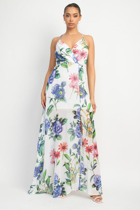 Surplice Floral Chiffon Maxi Dress