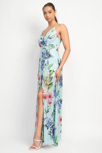 Surplice Floral Chiffon Maxi Dress