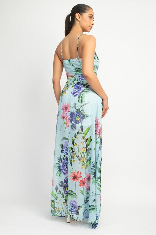 Surplice Floral Chiffon Maxi Dress