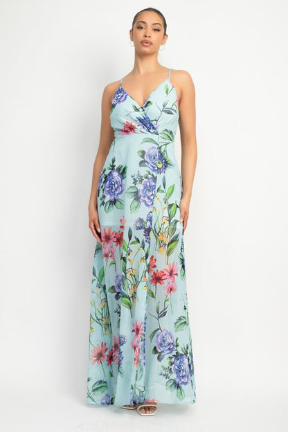 Surplice Floral Chiffon Maxi Dress