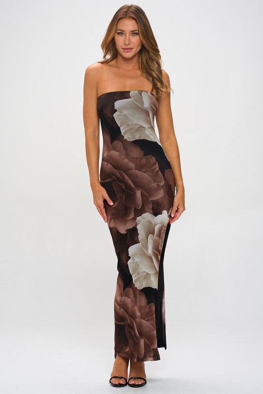 FLORAL TUBE SLIT MAXI DRESS