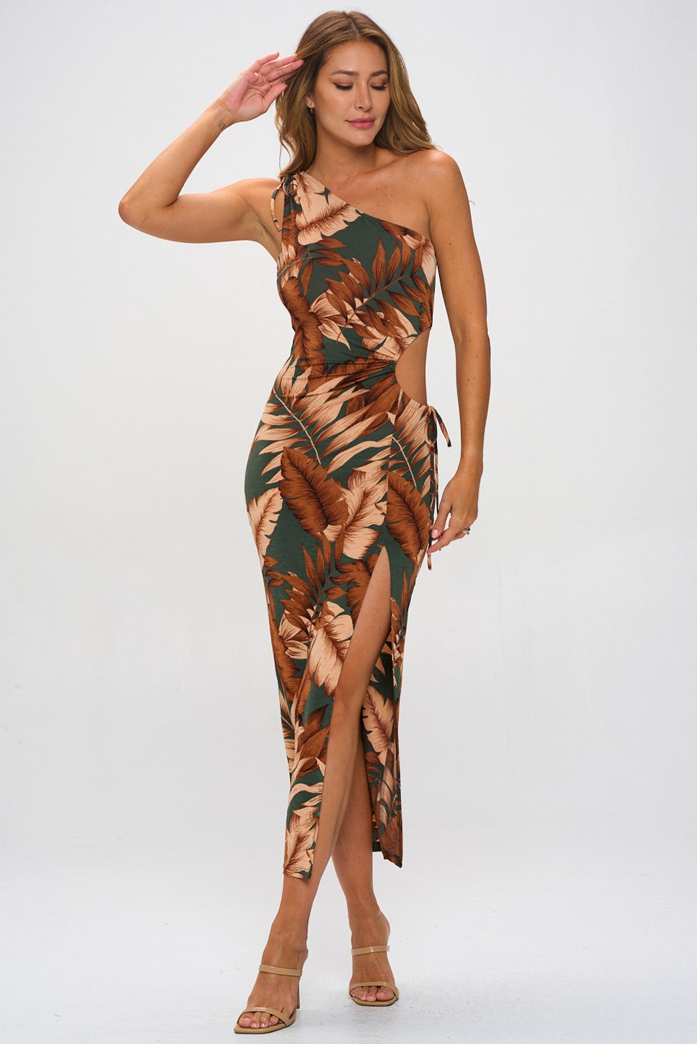 TROPICAL ONE-SHOULDER CUTOUT MIDI DRESS