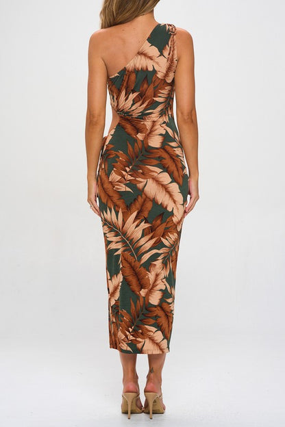 TROPICAL ONE-SHOULDER CUTOUT MIDI DRESS