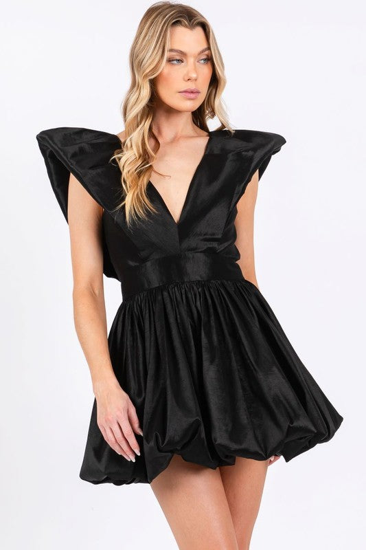 FRILL PUFF SHOULDER DEEP V NECK BUBBLE DRESS