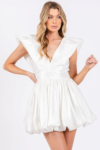 FRILL PUFF SHOULDER DEEP V NECK BUBBLE DRESS