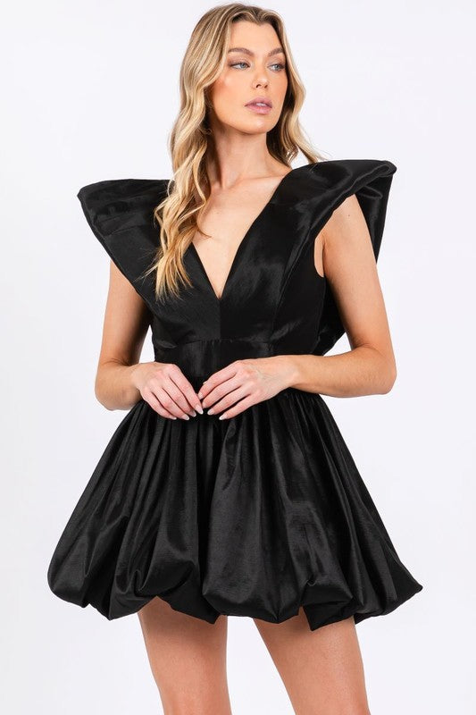 FRILL PUFF SHOULDER DEEP V NECK BUBBLE DRESS