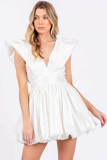 FRILL PUFF SHOULDER DEEP V NECK BUBBLE DRESS