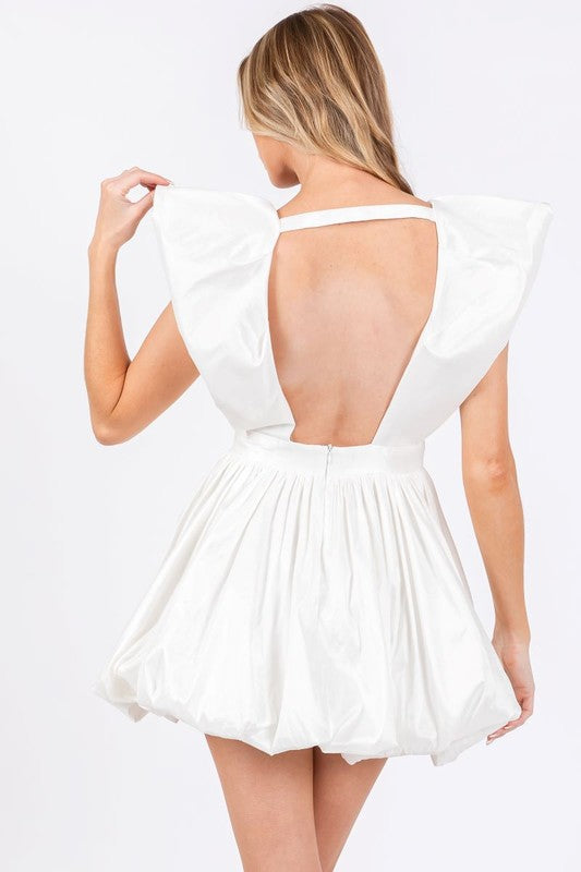 FRILL PUFF SHOULDER DEEP V NECK BUBBLE DRESS