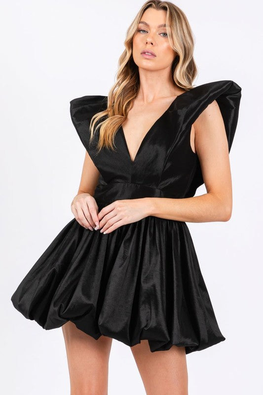 FRILL PUFF SHOULDER DEEP V NECK BUBBLE DRESS