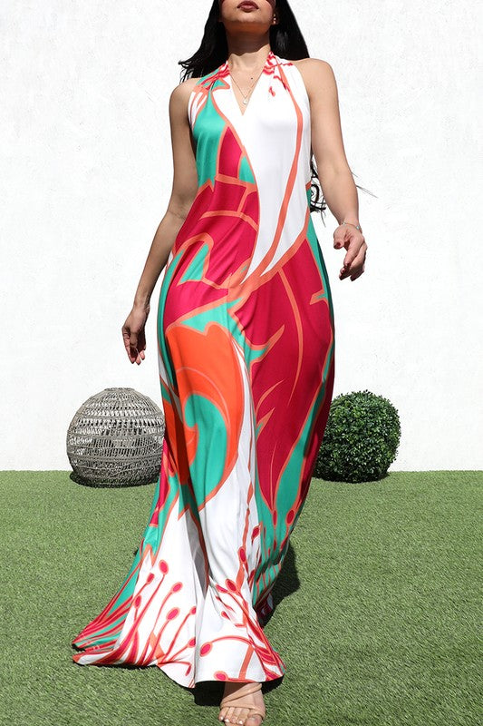 PRINTED HALTER KNIT MAXI DRESS