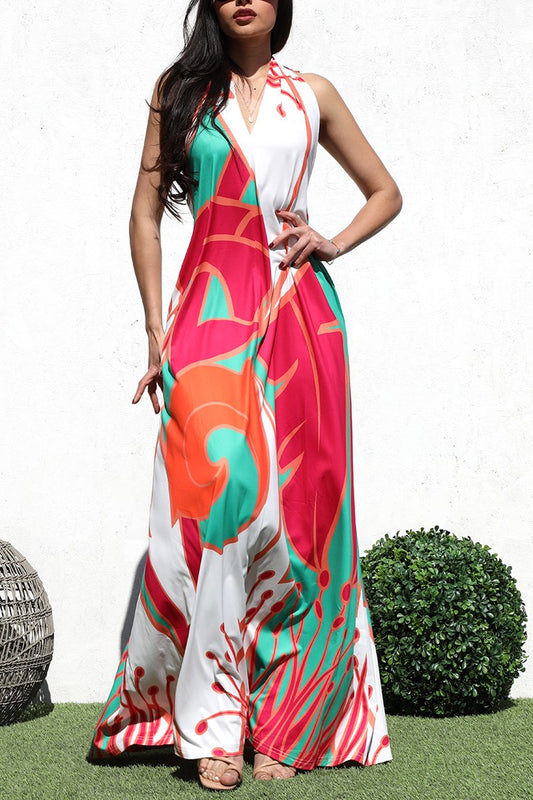 PRINTED HALTER KNIT MAXI DRESS