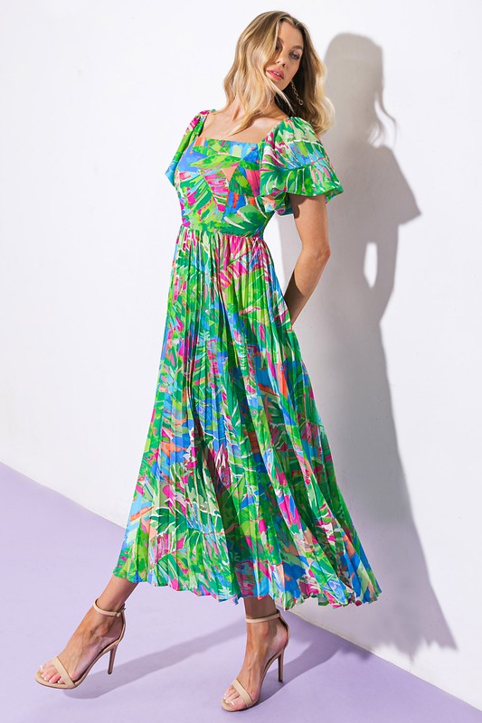 SQUARE NECK PRINTED WOVEN MAXI DRESS