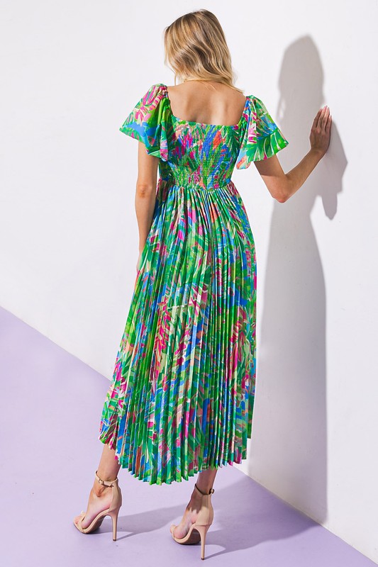 SQUARE NECK PRINTED WOVEN MAXI DRESS