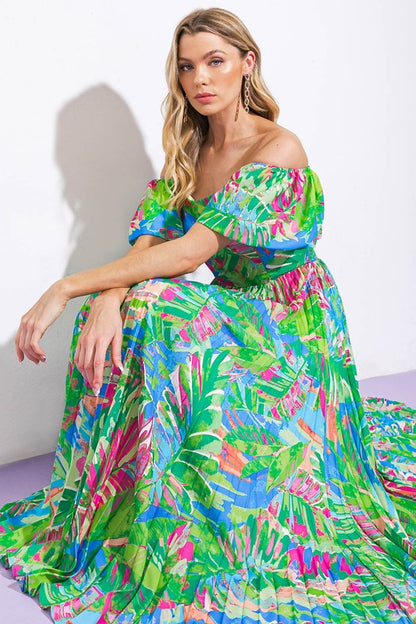 SQUARE NECK PRINTED WOVEN MAXI DRESS