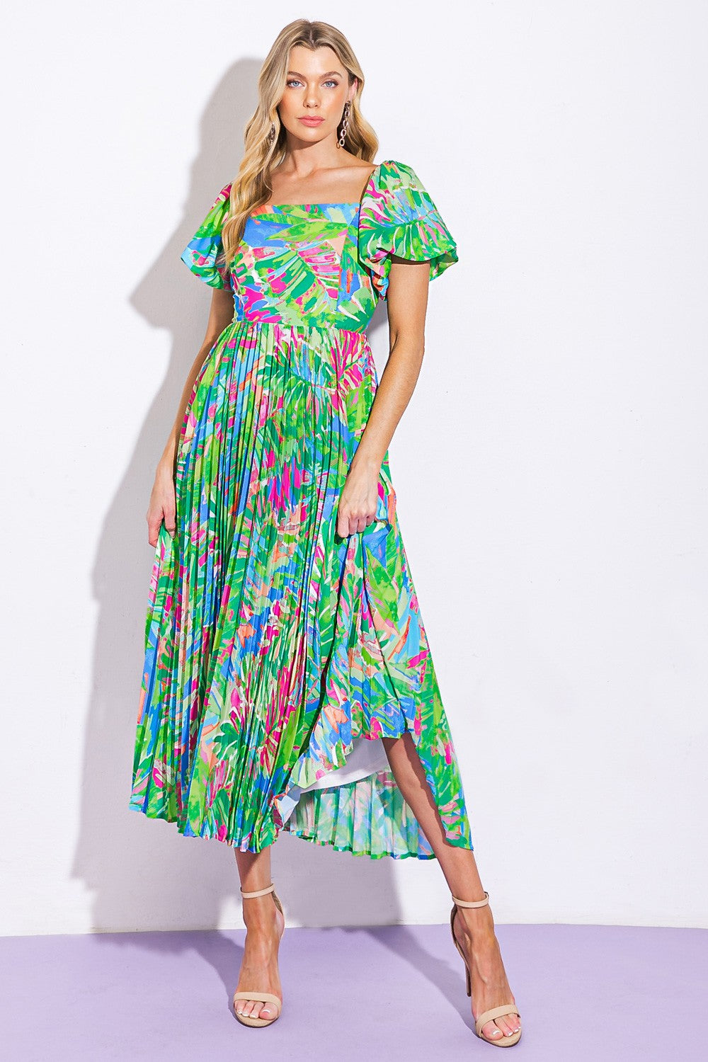 SQUARE NECK PRINTED WOVEN MAXI DRESS