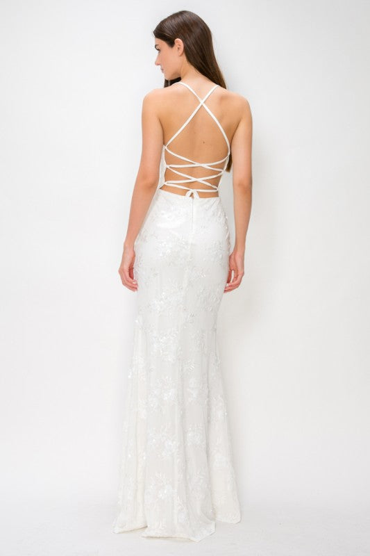 FLORAL SEQUIN APPLIQUÉ MAXI COCKTAIL DRESS